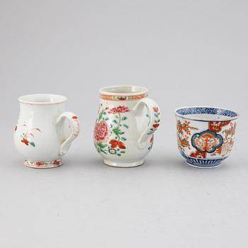 Two famille rose export porcelain jugs and a Japanese Imari bowl, Qing dynasty, Qianlong and Meiji.