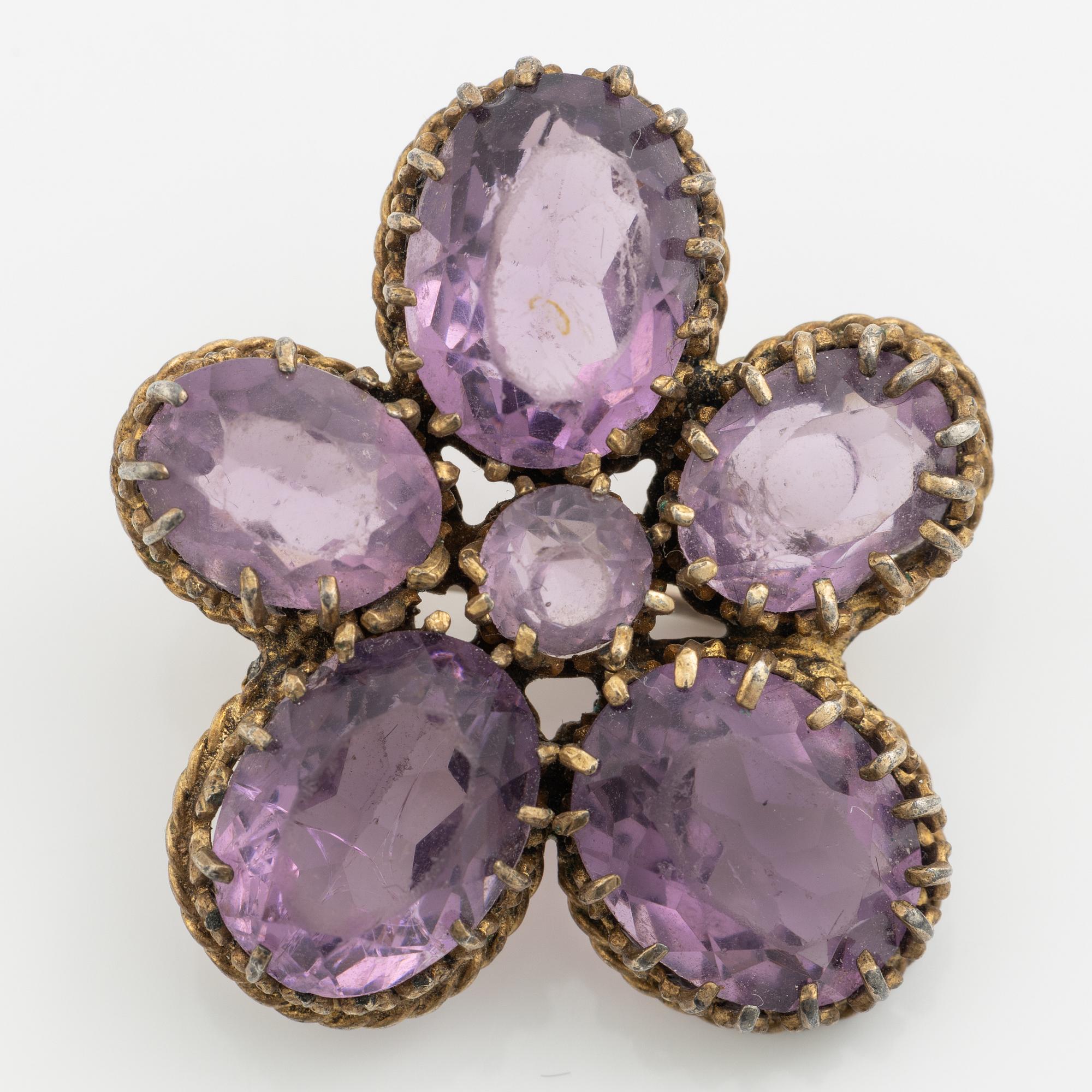 Garniture, necklace and bracelet silver with amethysts, brooch gold-coloured metal with purple paste stones,