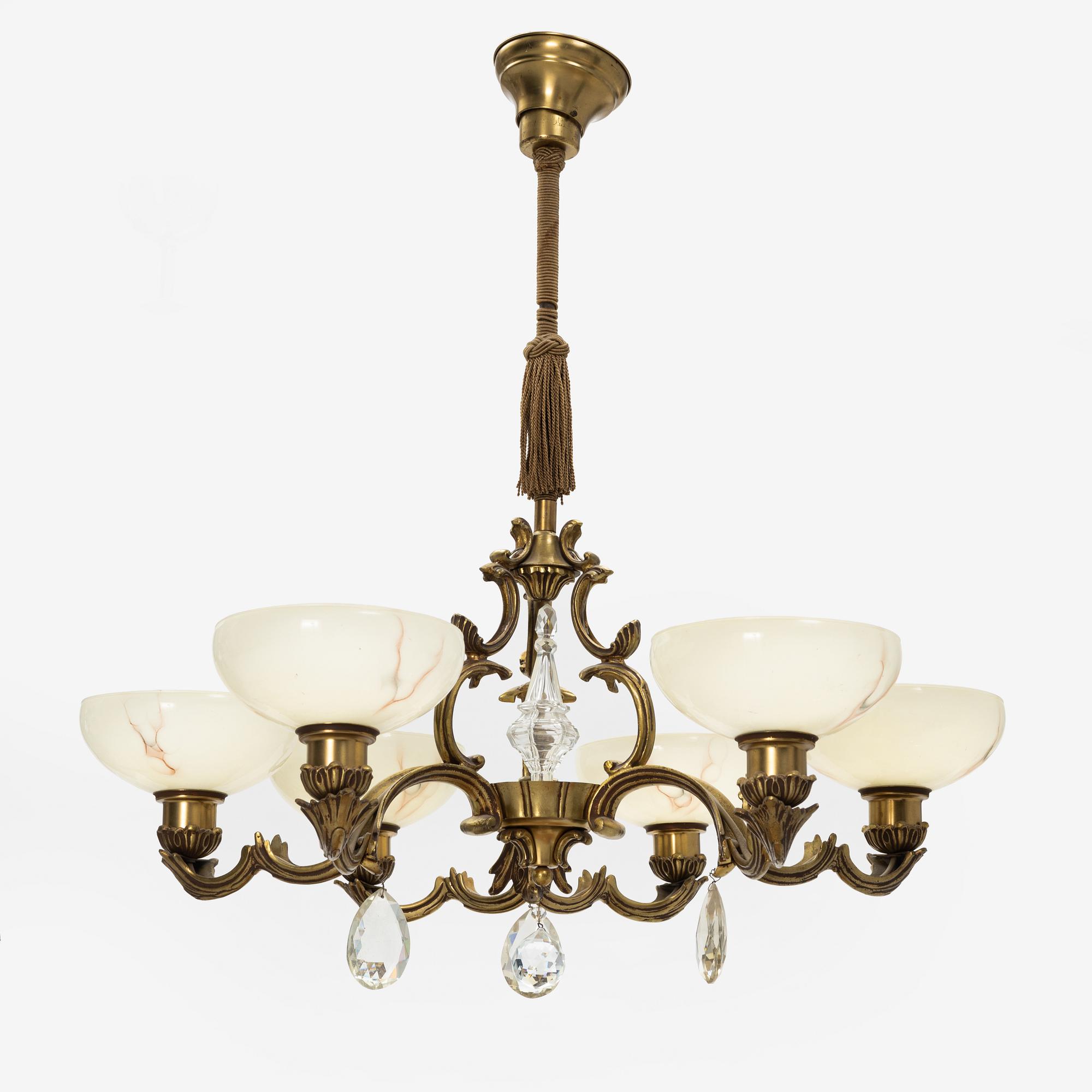 A glass and brass ceiling light, first half of the 20th Century.