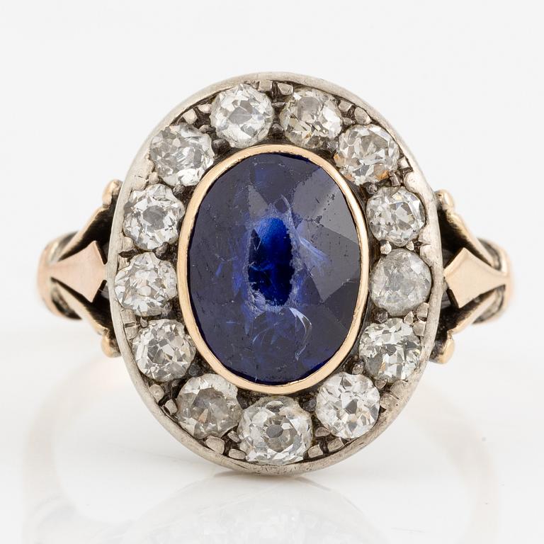 Ring, cameo model 14K gold with sapphire and old-cut diamonds.