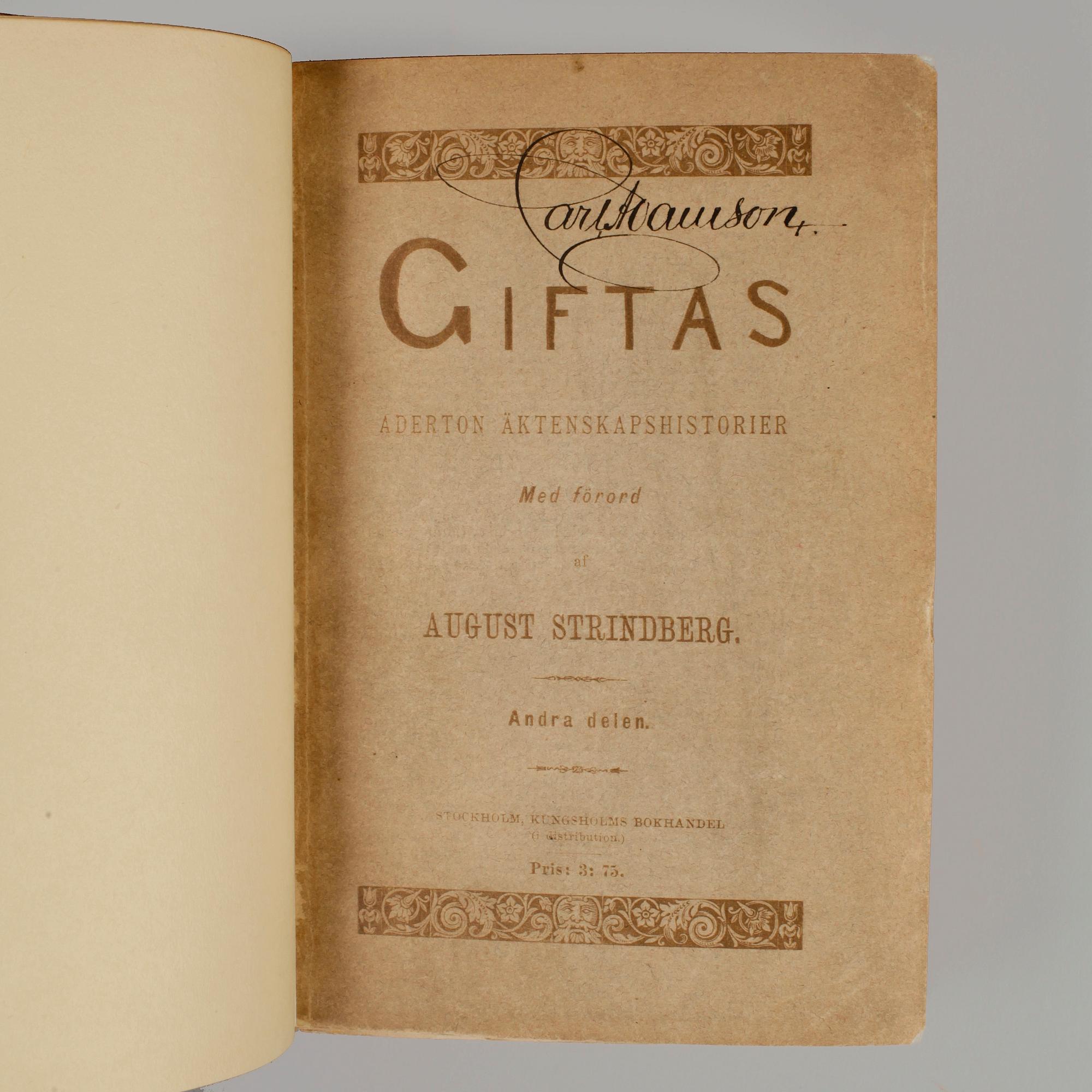 BÖCKER, 2 vol, "Giftas" I-II av August Strindberg, Stockholm 1884-86.
