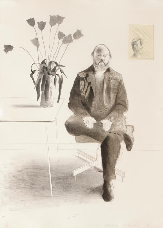 David Hockney, "Henry seated with tulips".