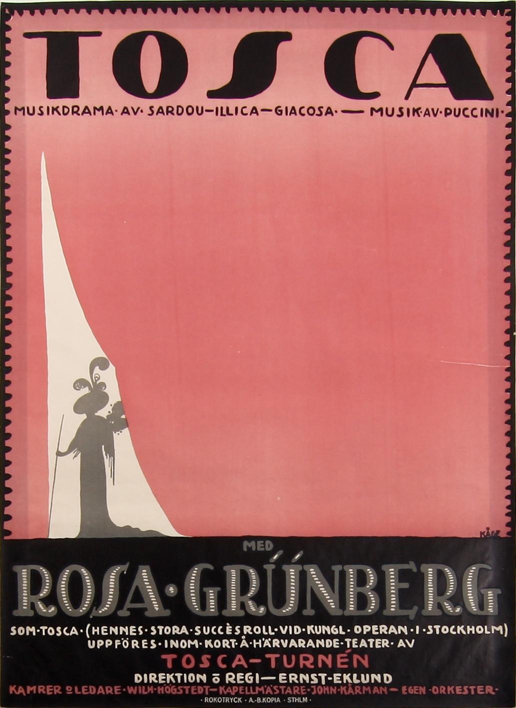 AFFISCH, tryck, "Tosca", sign Wilhelm Kåge i trycket, 1920-tal.