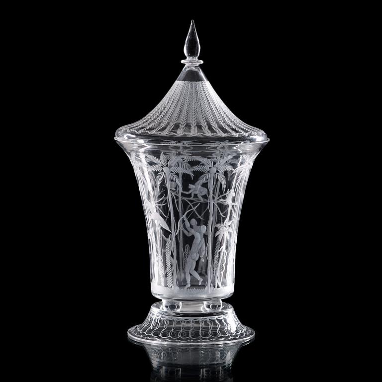 EDWARD HALD, pokal med lock, "Negerhyddan", Orrefors 1923.