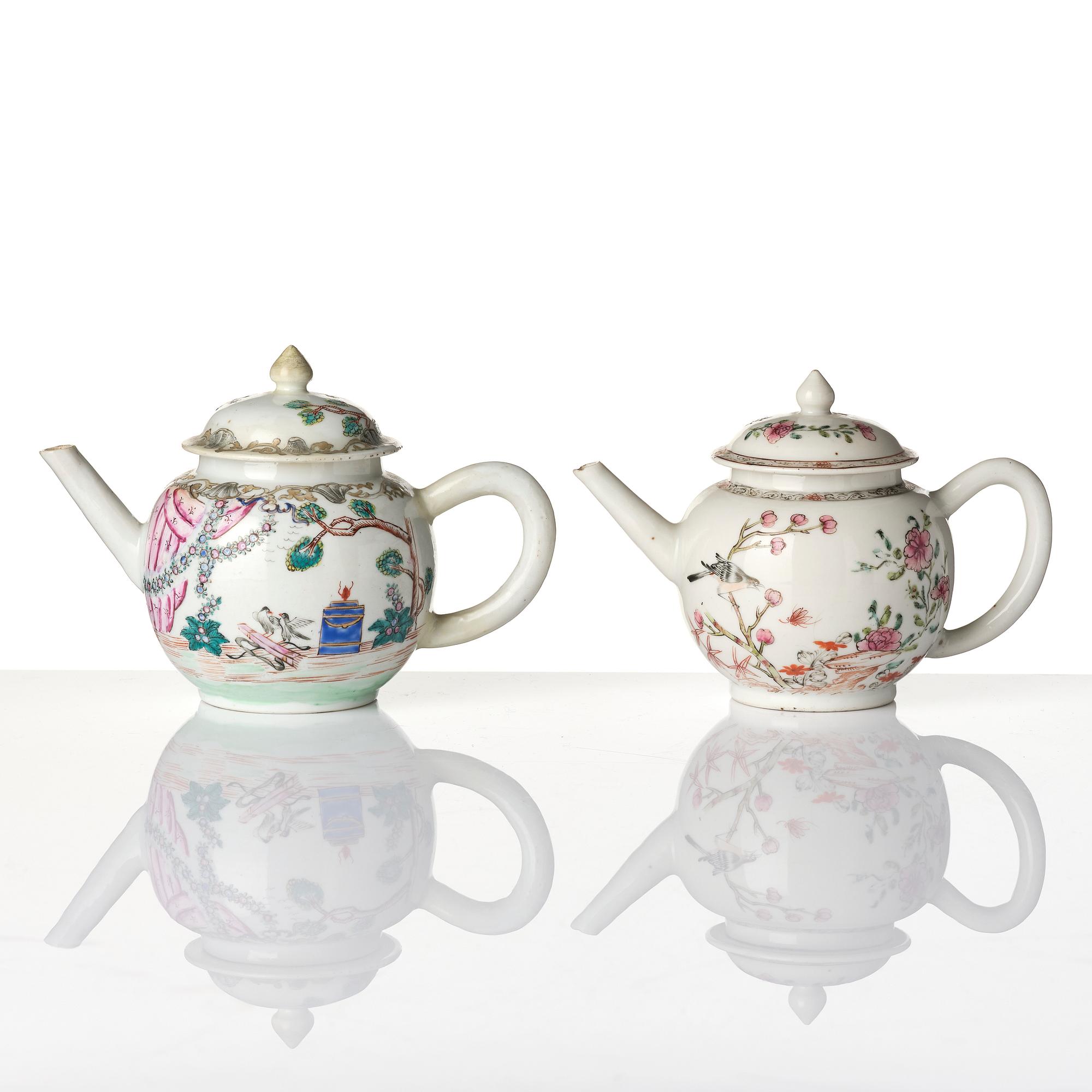 Two famille rose tea pots with covers, Qing dynasty, 18th century.