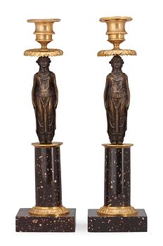 555. A pair of late Gustavian circa 1800 porphyry candlesticks.