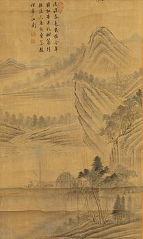 A Chinese scroll painting, ink and colour on silk, signed Zheng, and with three seals in red.