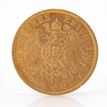 Gold coin Germany, Wilhelm II 20 Mark, 1906.