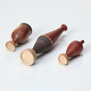 Wilhelm Kåge, a set of three miniature  'Farsta Spirea' stoneware vases, Gustavsberg studio, Sweden, one dated 1958.