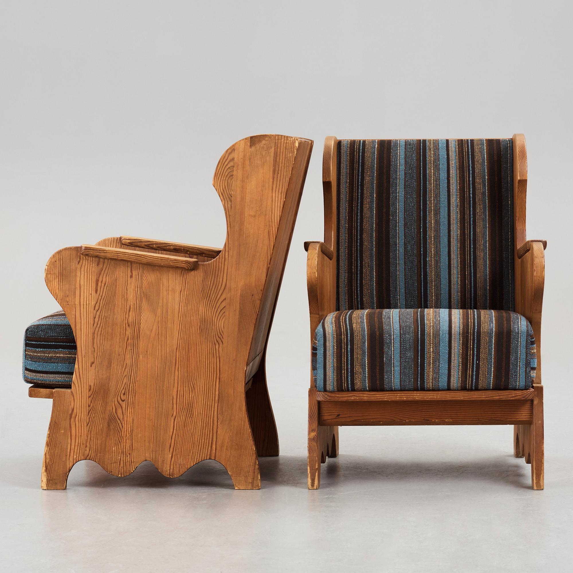 Axel Einar Hjorth, attributed to, a pair of pine "Lovö" easy chairs, Nordiska Kompaniet, Sweden, ca 1939.