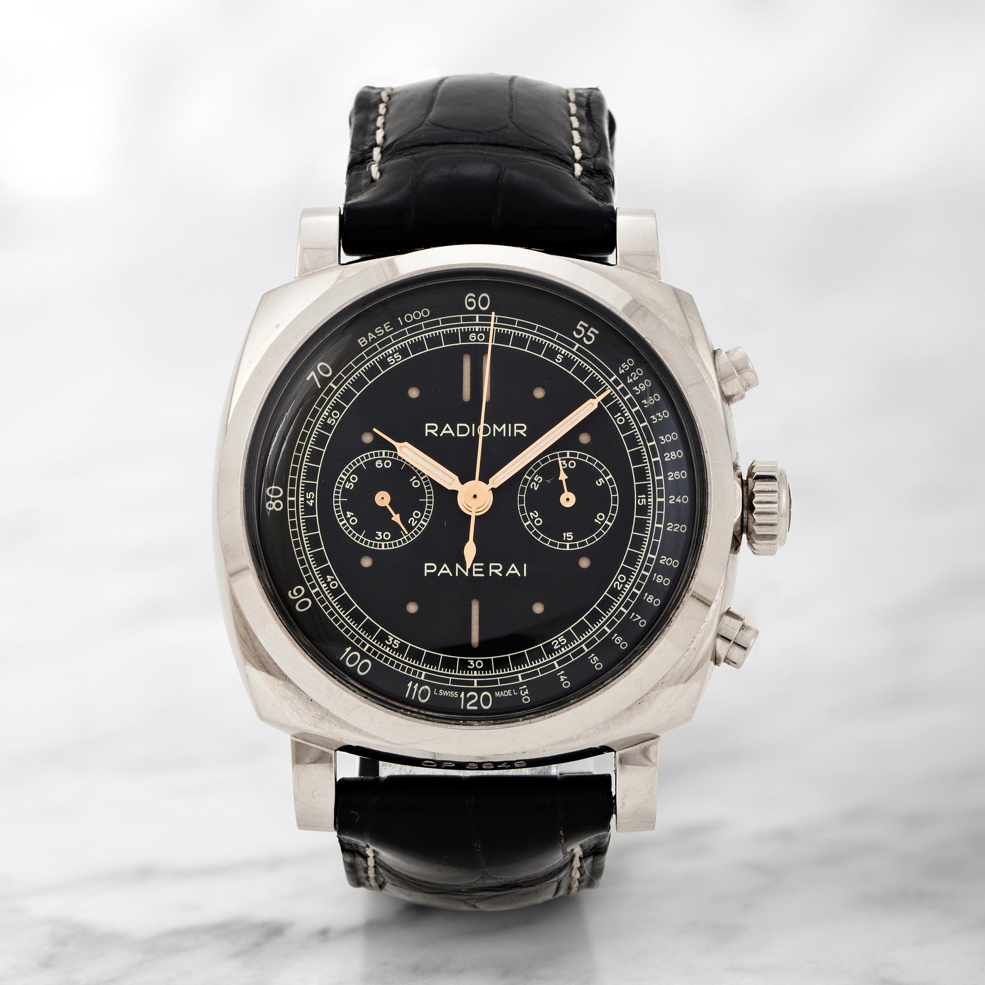 PANERAI, Radiomir 1940, chronograph. Case size: 45 mm 
Material: 18K white gold 
Movement: manu...
