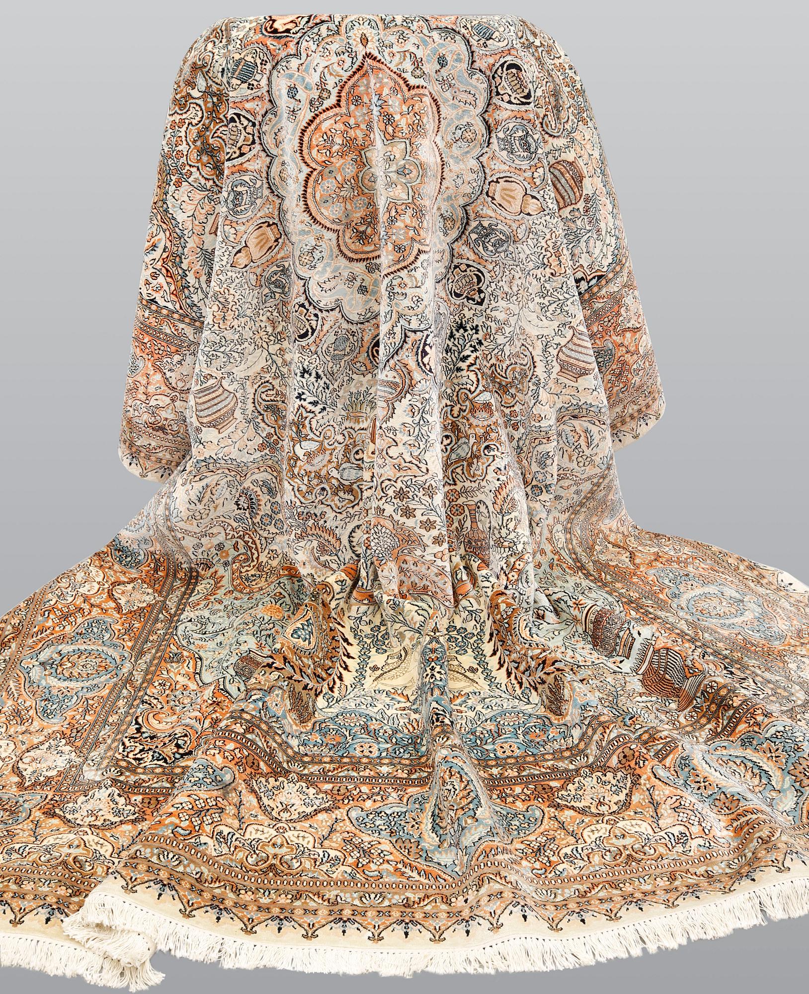 A silk carpet, Kashmir, approx. 377 x 269 cm.