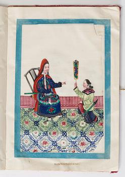 Album comprising 12 export gouaches on pith paper, portraying the Chinese court, Qing dynasty, late 19th Century.
