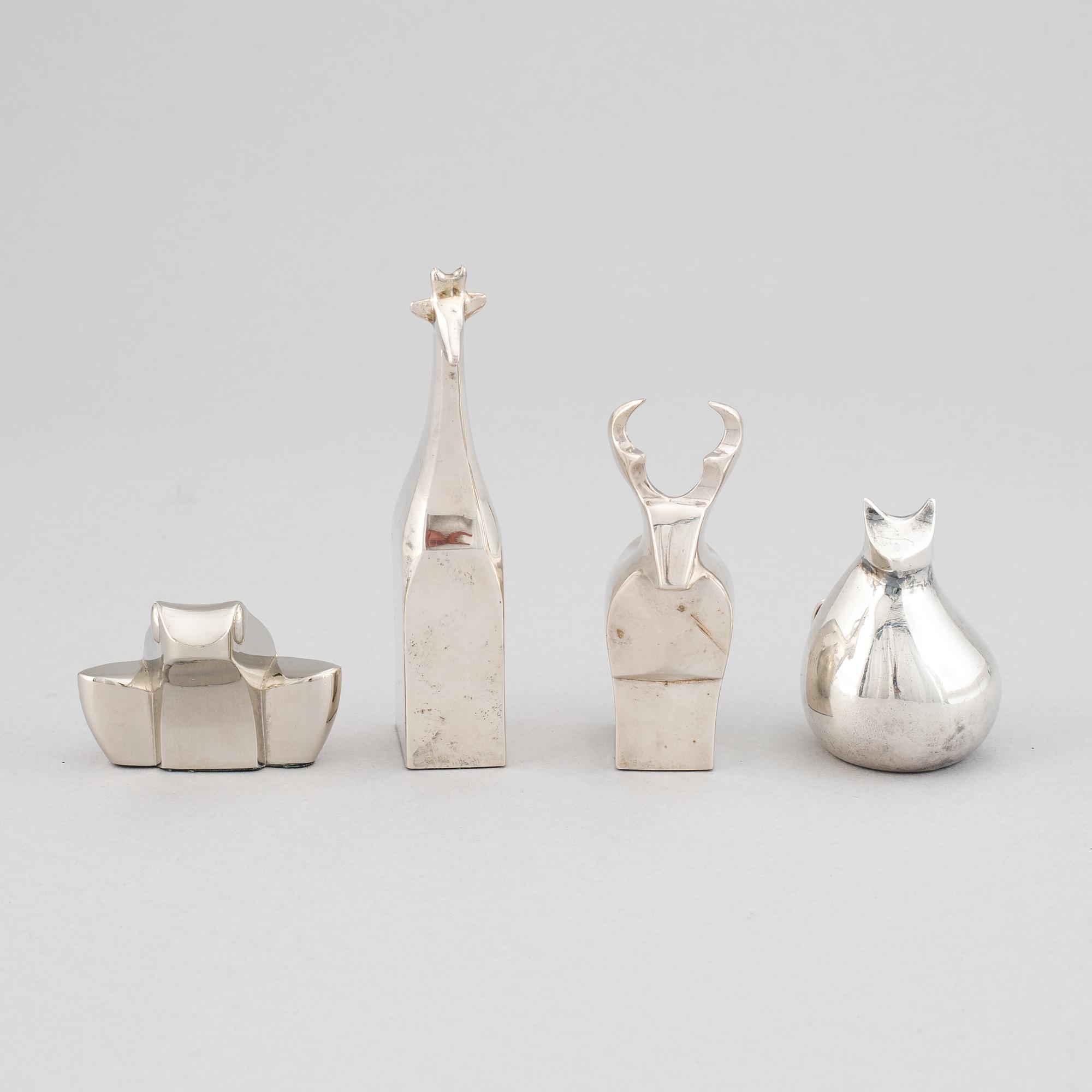 Gunnar Cyrén mfl, figuriner, 4 st, silverpläterad zink, Dansk Designs, Japan.