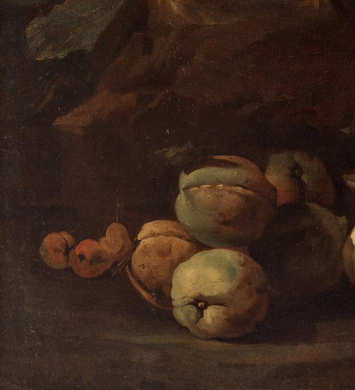 Michelangelo Pace da Campidoglio Tillskriven, Stilleben med frukter i ett landskap.