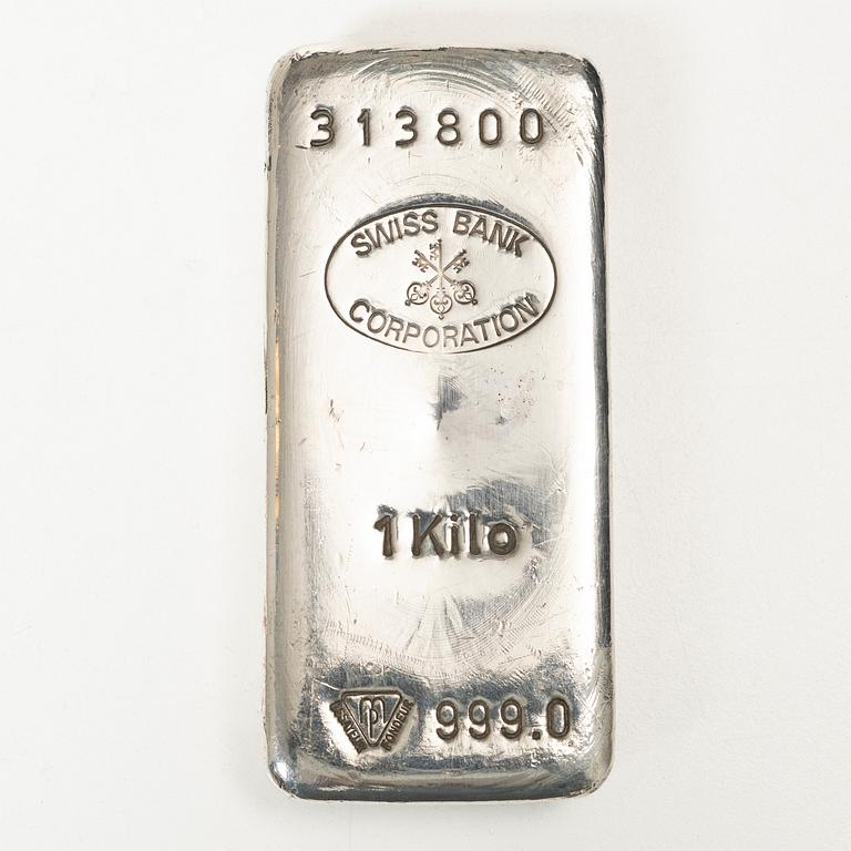 Silver bar, 1 kg,  Swiss Bank Corporation.