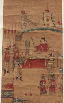 RULLMÅLNINGAR, två stycken,  Qing dynastin, 1800-tal. Militära motiv.