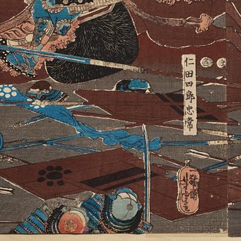 UTAGAWA YOSHITORA, two coloured woodblock prints, triptych, Japan, late 19th century.