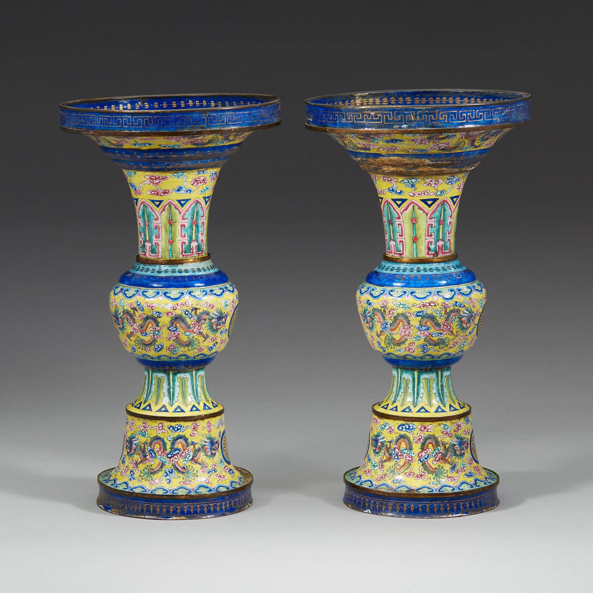 A pair of enamel on copper vases, Qing dynasty, 19th Century.