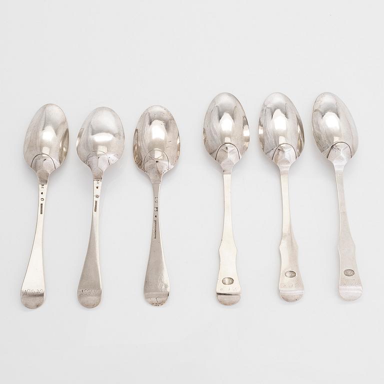 Matskedar, 6 st, silver, olika tillverkare, Sverige 1771-1800.