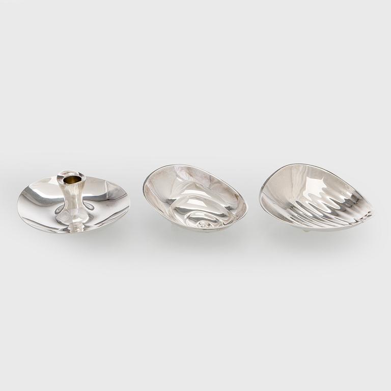 Tapio Wirkkala, Two silver bowls and a silver candlestick, Hopeatehdas, Helsinki, 1958 and 1961.