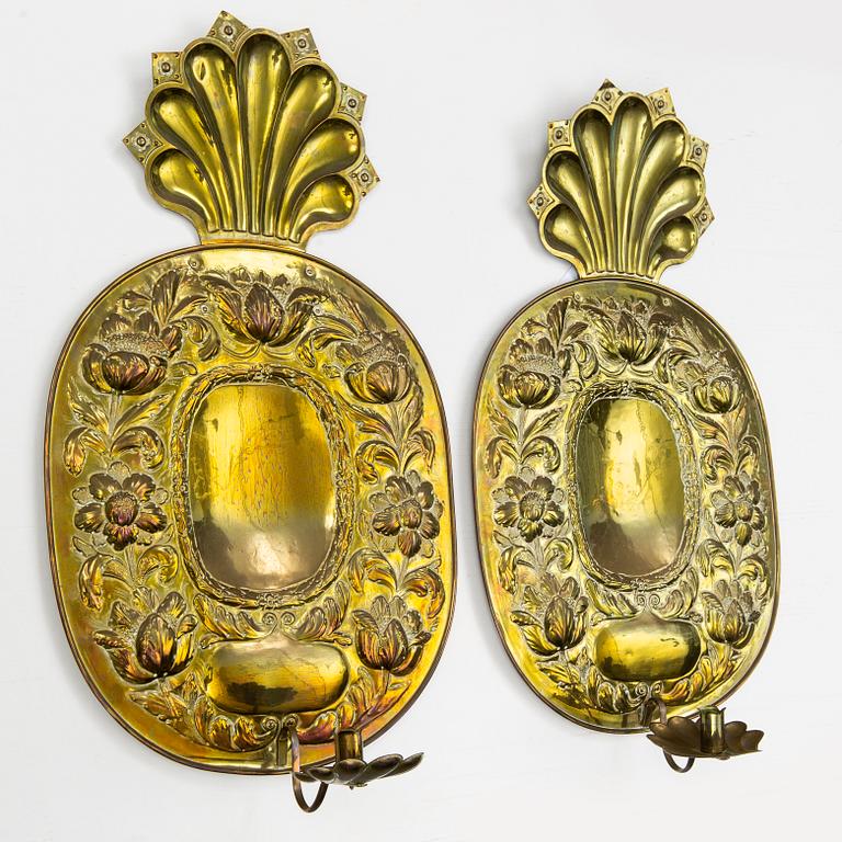 Johan F. Hellström, väggplåtar ett par, mässing, barockstil, Nyköping, 1898.