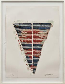 JAN HÅFSTRÖM, färglitografi med applikationer, signerad, numrerad E´tat 7/10 och daterad 1982.