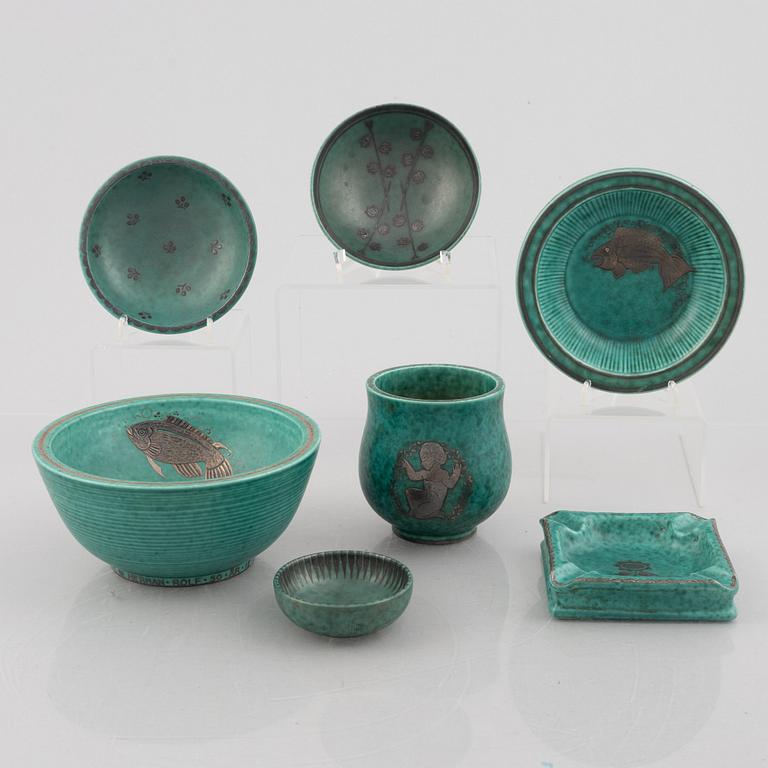 Wilhelm Kåge, a set of five 'Argenta' stoneware bowls, an ashtray and a vase, Gustavsberg.