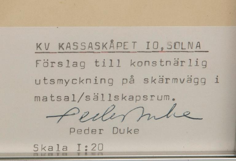 Peder Duke, "Förslag till konstnärlig utsmyckning på skärmvägg i matsal/sällskapsrum - Kv Kassaskåpet 10, Solna" 5 st.