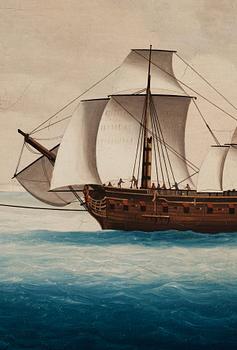 Two Chinese Export paintings of East Indiamen, Qing dynasty, circa 1800.