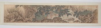 A handscroll of figures in a landscape, and with calligraphy, Qing dynasty, 19th Century.