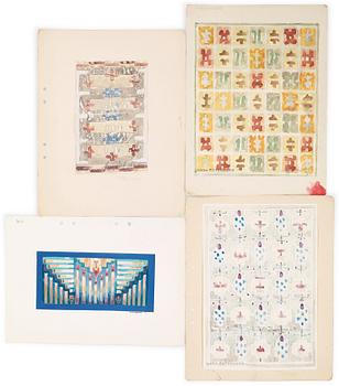 165. CARPET SKETCHES, 4 sheets. Watercolour and graphite. Three by Agda Österberg and one by Astrid Nyström.