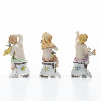 Figurines, 3 porcelain, Germany, Dresden-style mark, 19th/20th century.