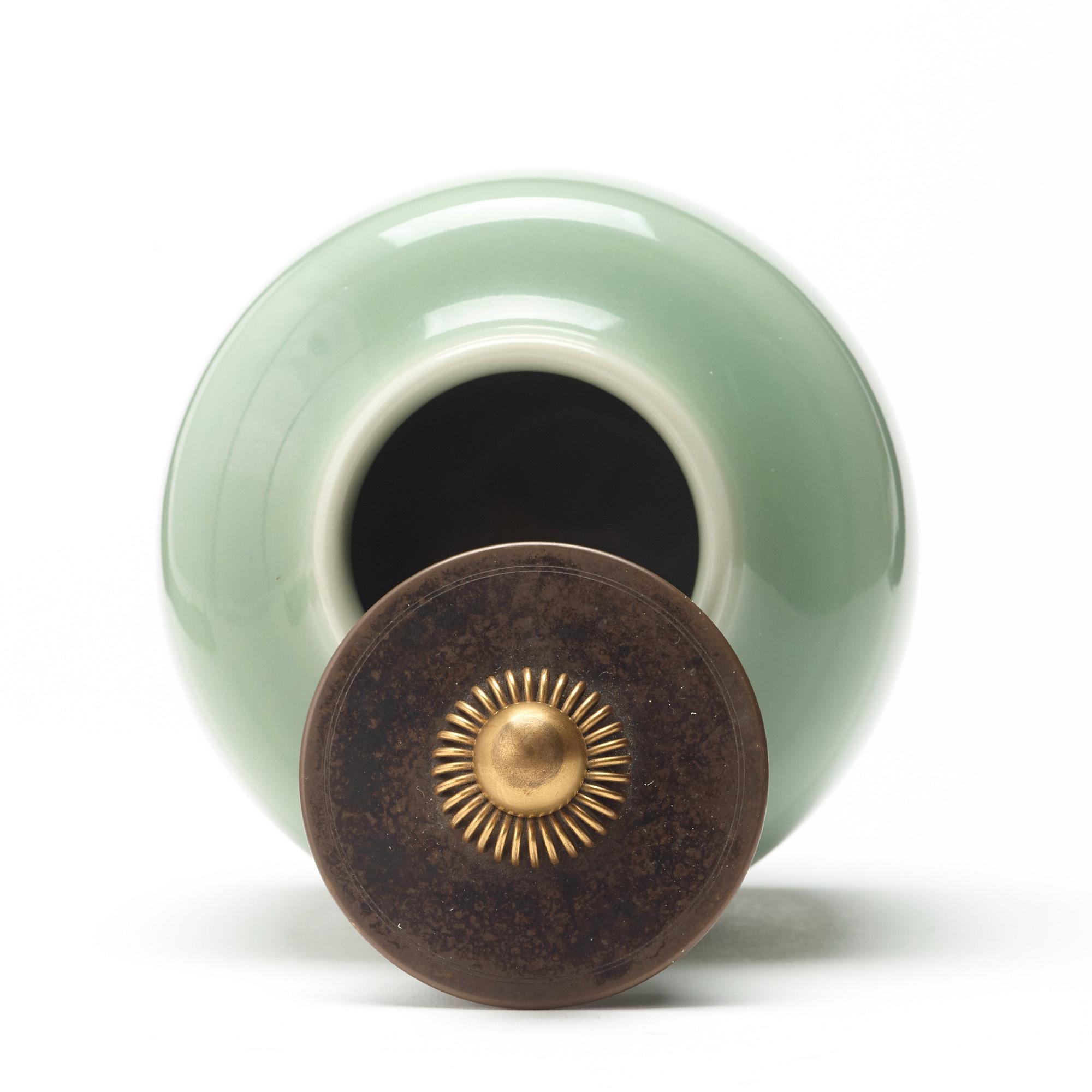 Knud Andersen, A Knud Andersen stoneware jar with patinated bronze cover and stand, Royal Copenhagen, Denmark.