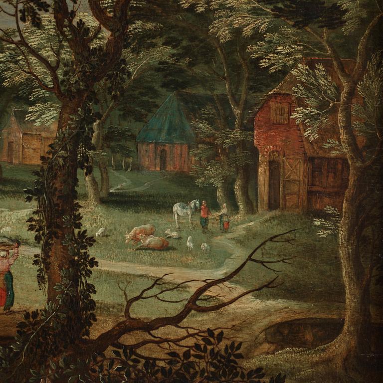 Adriaen van Stalbemt Hans krets, Landskap med figurer vid by.