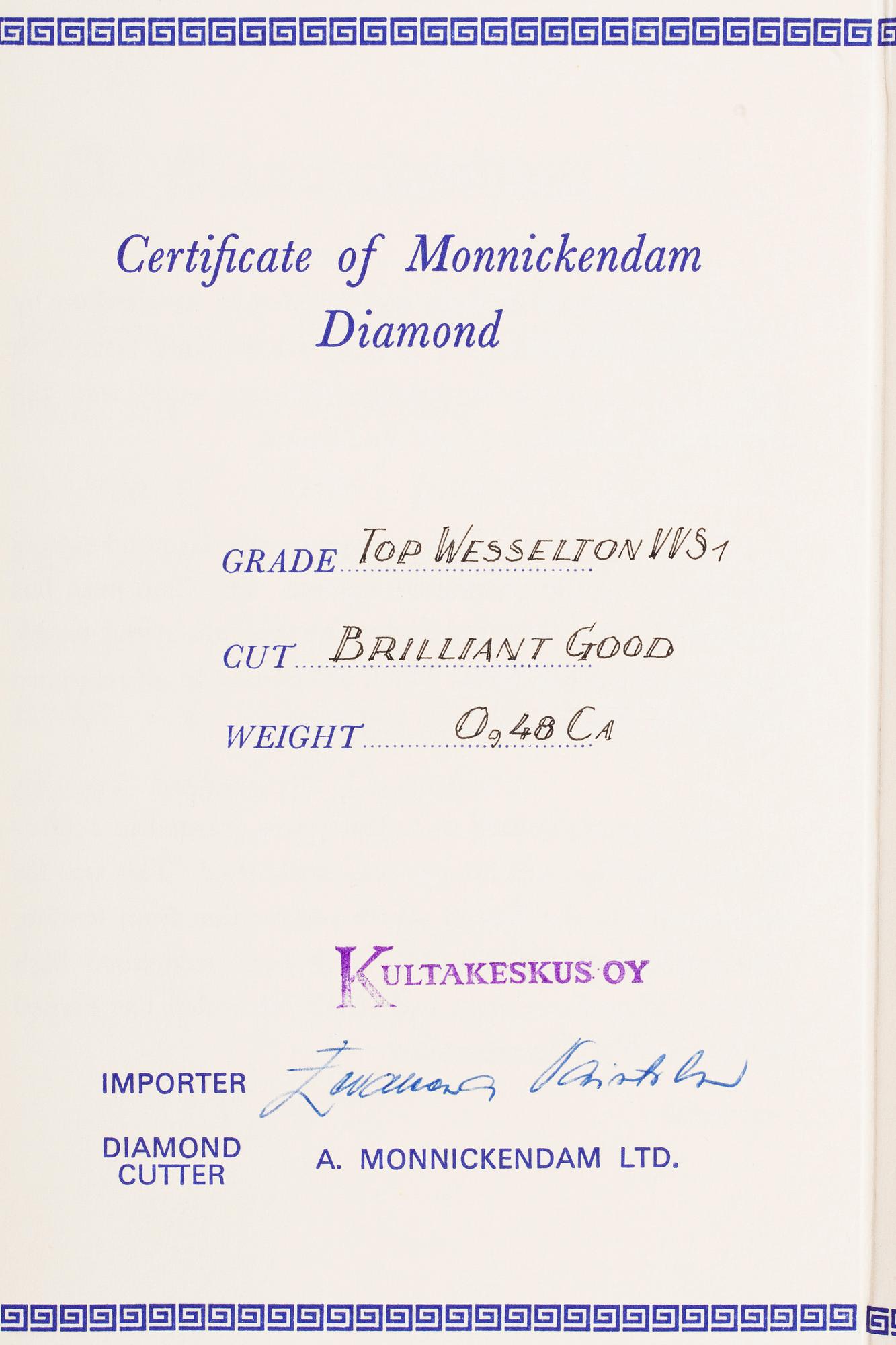 DIAMANT, briljantslipad 0,48 ct F-G (Top Wesselton) / VVS1.