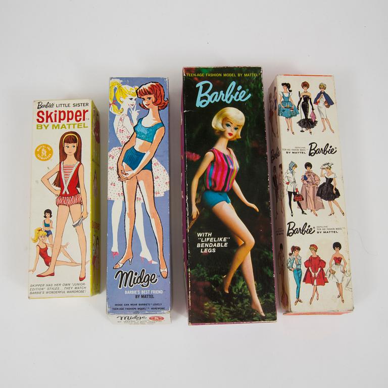 Five Barbie and friends dolls by Mattel 1960s.