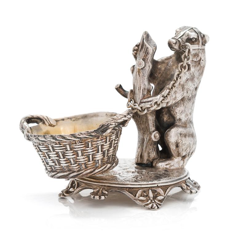 A Grachev bear motif silver salt cellar, maker's mark of Johan Olsonius, Saint Petersburg 1889.