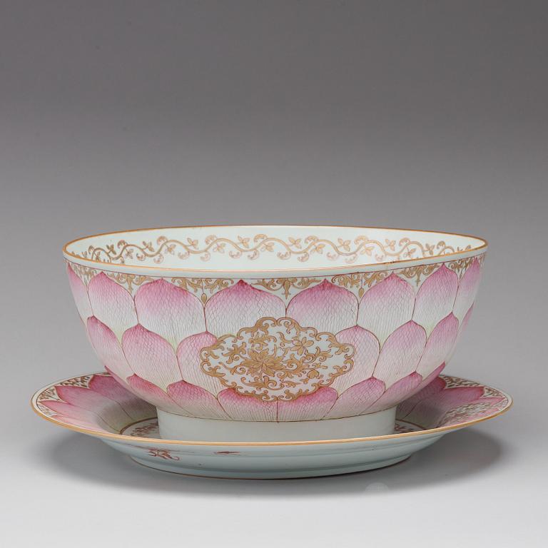 A massive famille rose 'Lotus' punch bowl with charger, Qingdynasty, Qianlong (1736-95).