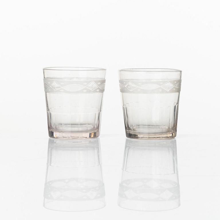 Karaff med 5 seltersglas, glas, Sverige ca 1850.