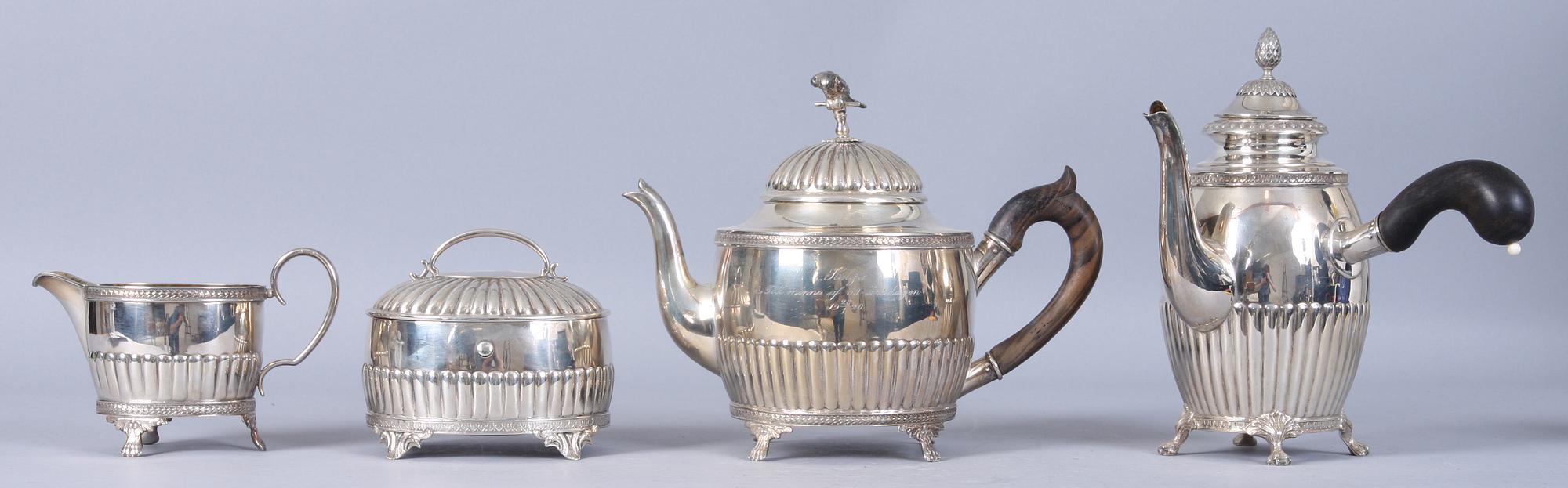 KAFFESERVISDELAR, 4 st, silver, empirestil, C G Hallberg, 1915,1917, 1918, 1920. Tot vikt 1650 gram.