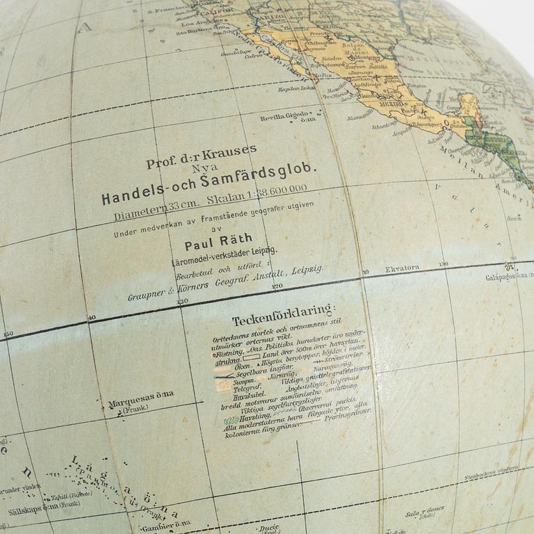 Jordglob, "Professor Dr Krauses Nya Handels- och samfärdsglob", Leipzig, Tyskland, 1910/20-tal.