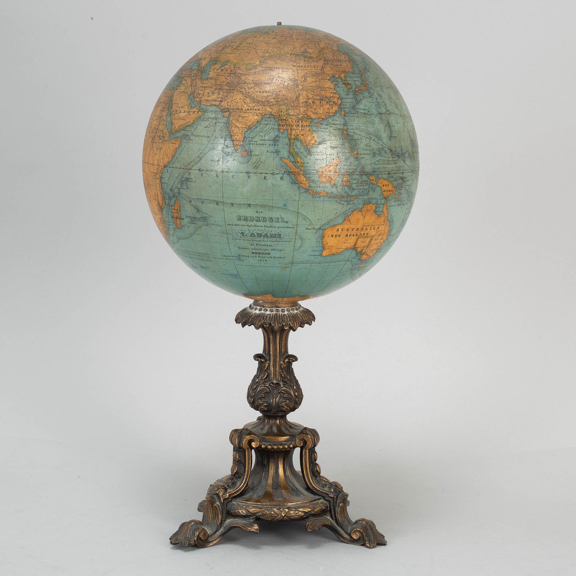 A miniature terrestrial globe, marked Adami Berlin Verlag von Dietrich Reimer 1856,