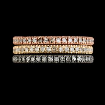 RINGAR, 3 st, 9K trefärgat guld, åttkantslipade diamanter tot ca 0.90 ct. Tot vikt ca 6 g.