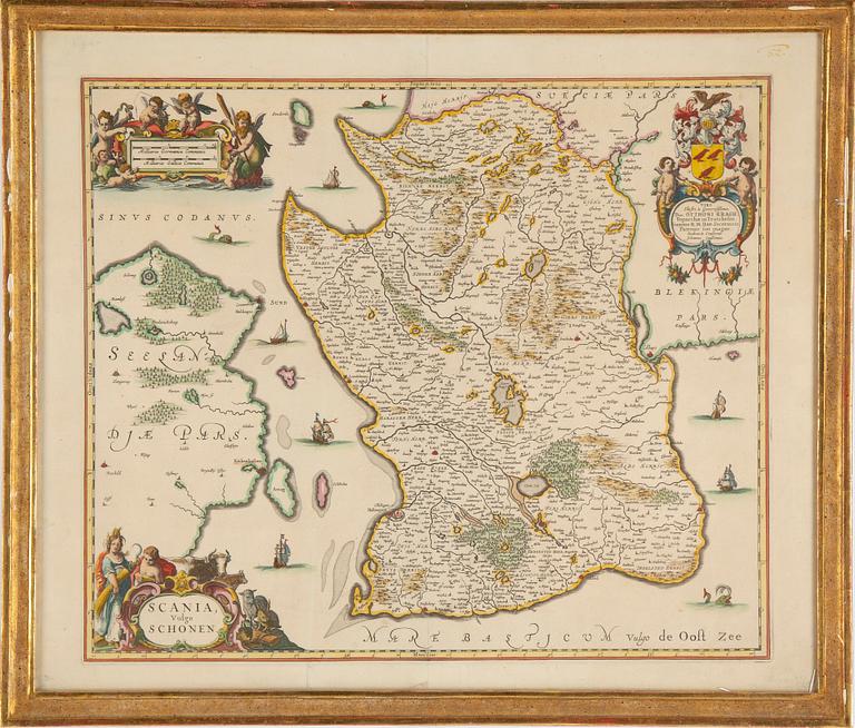 Johannes Janssonius, a hand-colured 17th Century map of Denmark and Scania.