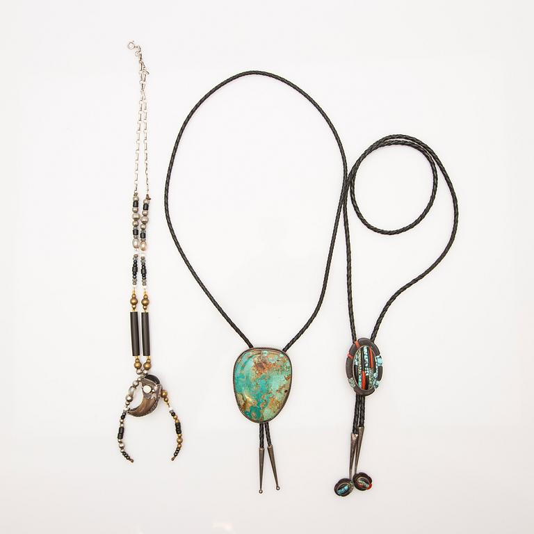 Cowboy ties, 2 pcs, sterling silver with turquoises and stones, and a necklace.