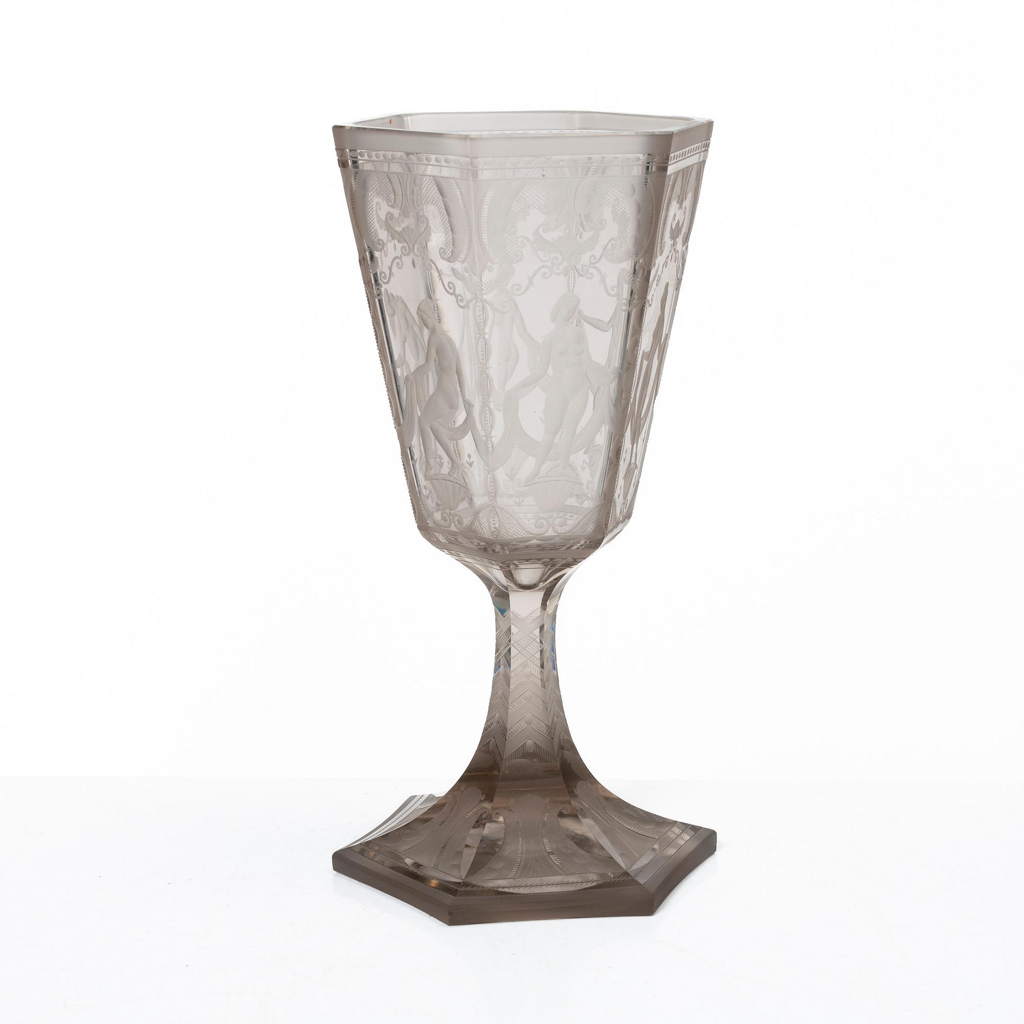 Simon Gate, a glass cup, 'Sex Gracer', Orrefors, Sweden, 1922.