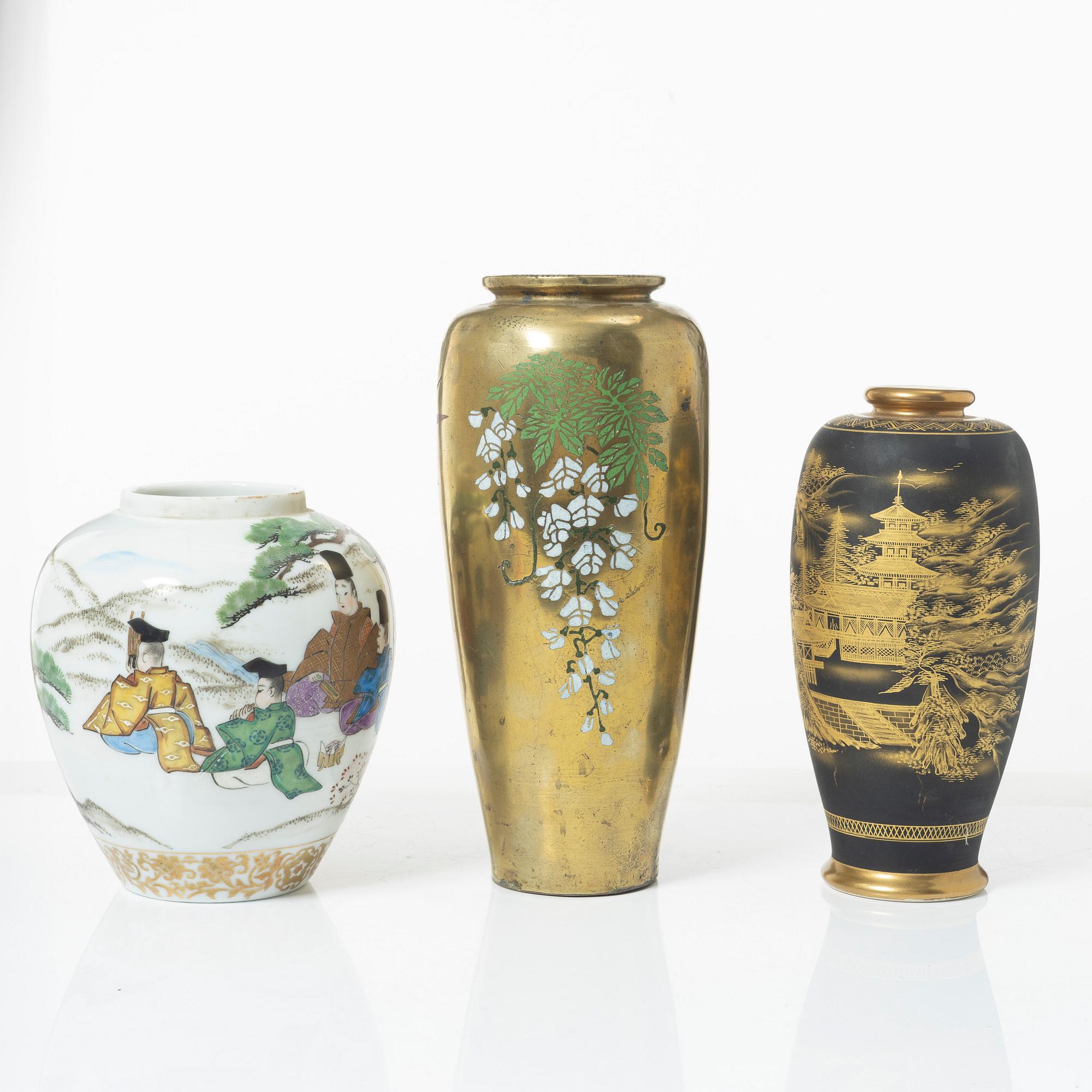 Two Japanese vases and a jar, porcelain and gilt copper, 20th century.
