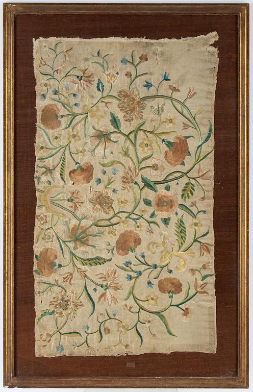 A silk embroidery, 18th century, probably Europe, ca 96 x 57,5 cm.