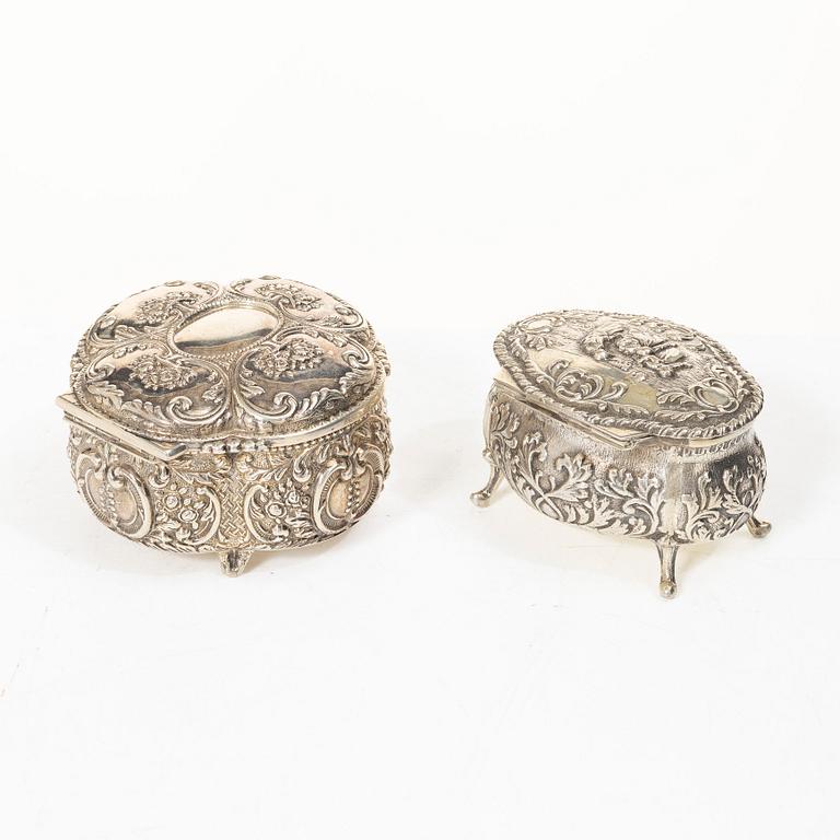 Two covered boxes, silver, Rococo style, 20th century.